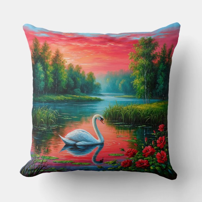 Coussin Majestic Swan Gliding sur un lac Serene (Recto)