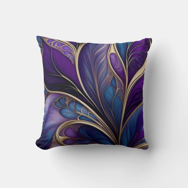 Coussin Majestueuse Floraison - Art Abstrait Violet et Ble (Recto)