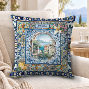 Coussin Majolique italienne bleue d'été Monogramme Citron
