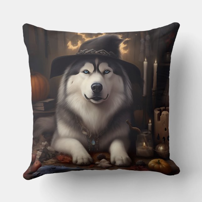 Coussin Malamute d'Alaska Citrouilles Halloween Épouvantab (Verso)
