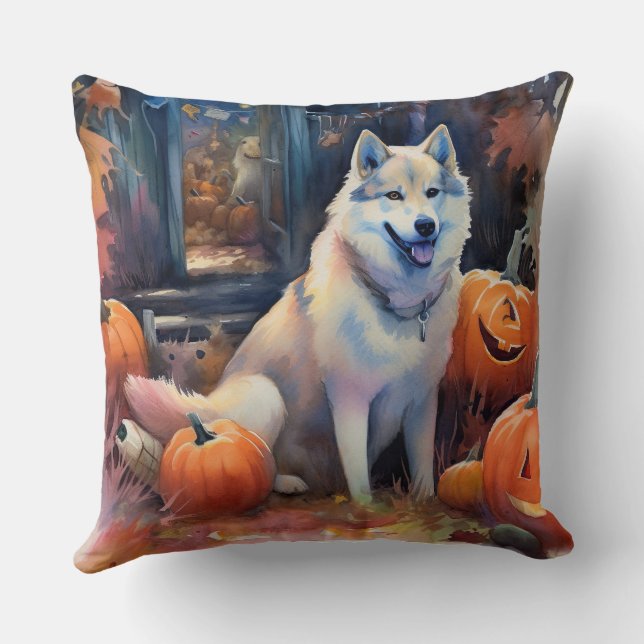 Coussin Malamute d'Alaska Halloween avec citrouilles épouv (Verso)