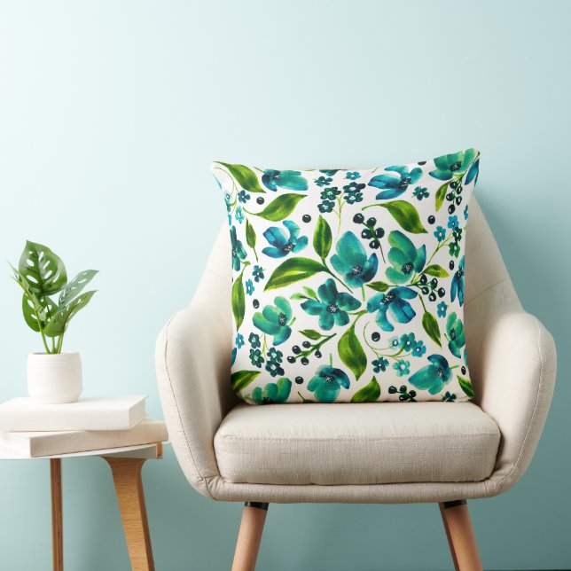 Coussin Mallorie - Aquarelle bleu et vert Turquoise Floral (Chaise)