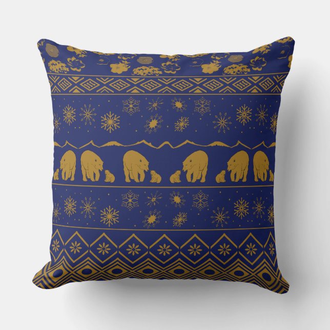 Coussin Mama Bear avec Baby Bear Motif en bleu et or (Recto)