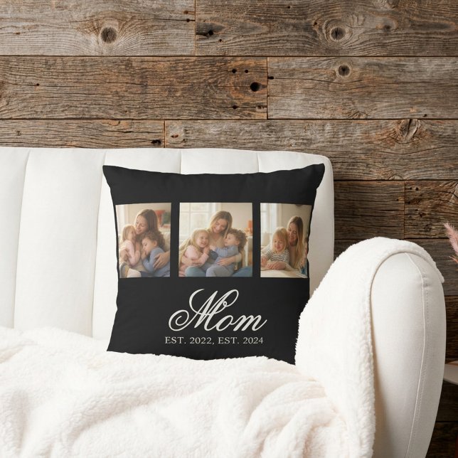 Coussin Maman a établi un script élégant noir 3 Photo (Mom Established Black Elegant Script 3 Photo Throw Pillow)