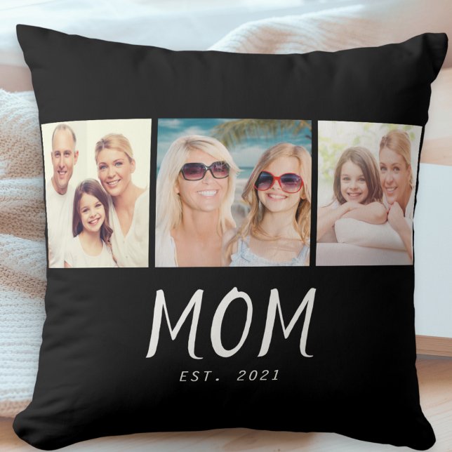 Coussin Maman a établi un script moderne noir 3 Photo (A stylish pillow with three custom photos and "Mom Est. 2021" text with customizable year)