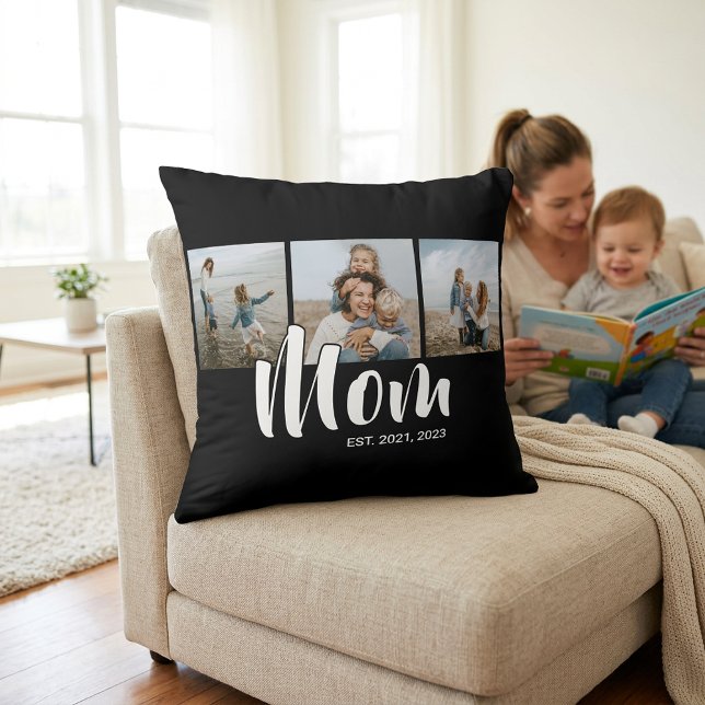 Coussin Maman a établi un script moderne noir 3 Photo (Mom Established Modern Script Black 3 Photo Throw Pillow)