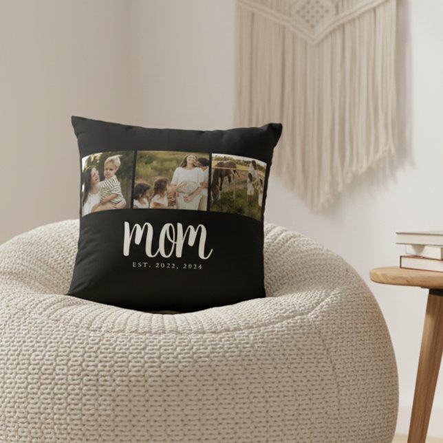 Coussin Maman a établi un script noir 3 Photo (modern 3 photo black and white script mom established pillow gift for mom mother's day christmas)