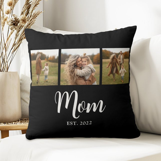 Coussin Maman a établi un script simple moderne noir 3 Pho (Established Mom 3 photo white script text cushion)