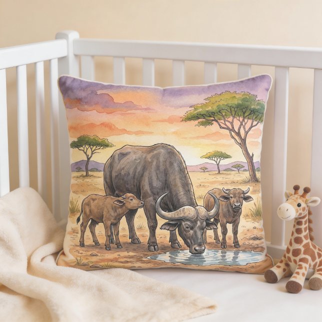 Coussin Maman buffle d'Afrique et ses petits, animaux de s (Créateur téléchargé)