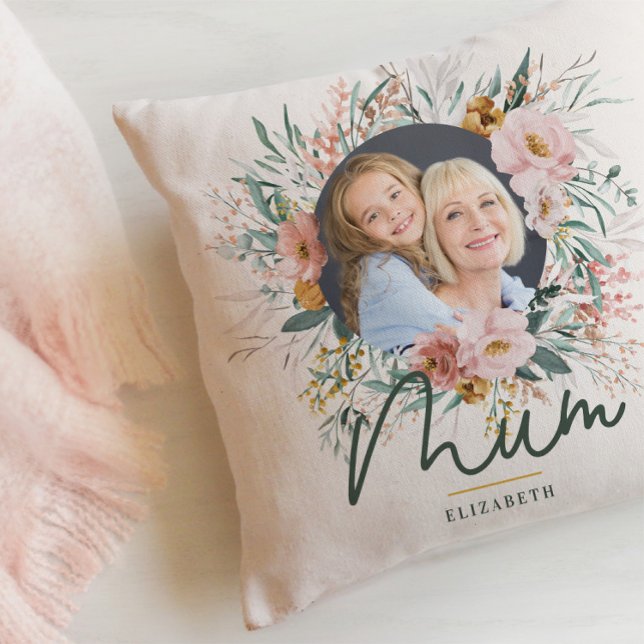 Coussin maman cadeau photo aquarelle fleurie mère jour (Créateur téléchargé)