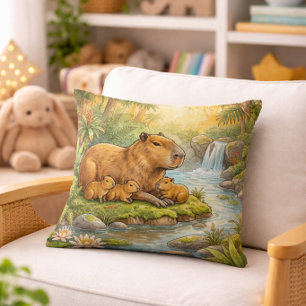 Coussin Maman Capybara Mignonne Et Bébés Animaux De La Jun