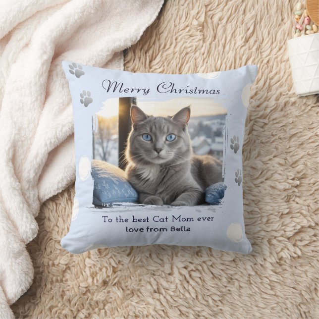 Coussin Maman Chat Glace Bleue Photo de Noël Animal de Com (Couverture)