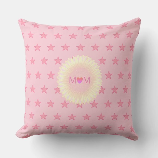 Coussin Maman Cœur Mignon & Étoiles sur Rose (Recto)