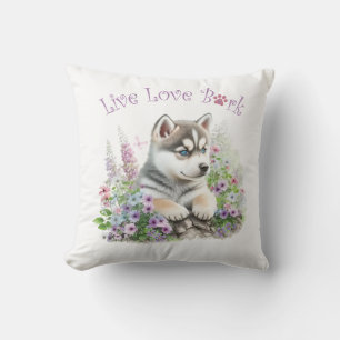 Coussin Maman de Husky aux fleurs