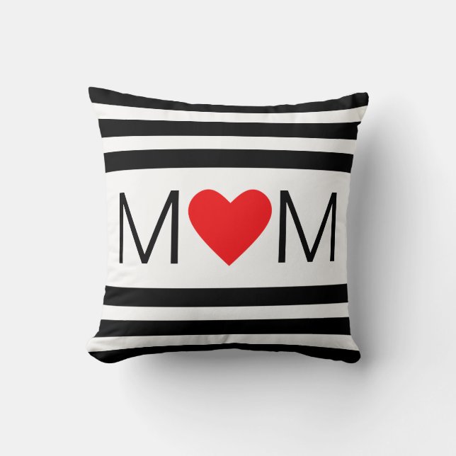 Coussin Maman du coeur moderne sur le noir et blanc rayé (Recto)