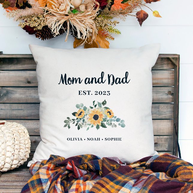 Coussin Maman et papa | Tournesol et noms rustiques (A pretty, rustic pillow keepsake for your mom and dad)