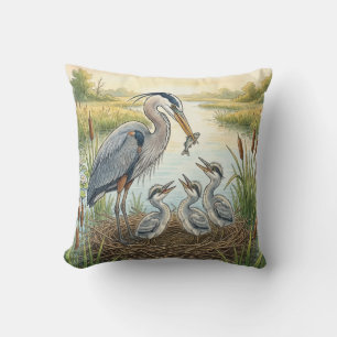 Coussin Maman Héron Mignonne Et Animaux De Rivière Et De L