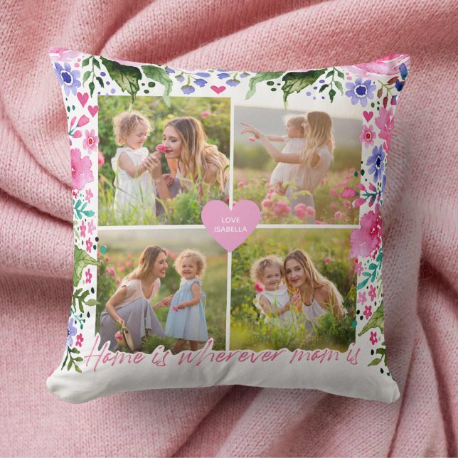 Coussin Maman Keepsaké Photo Cadeau Aquarelle Floral (Mom Keepsake Photo Gift Watercolor Floral Throw Pillow)