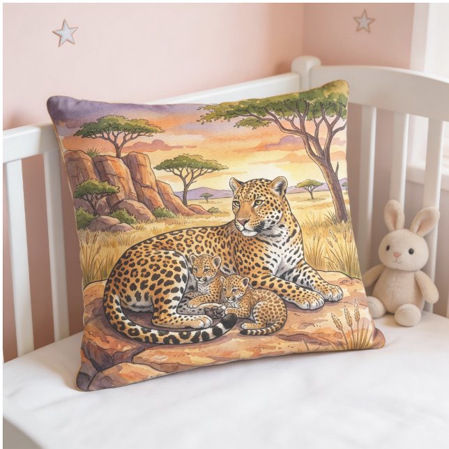Coussin Maman léopard et ses petits, animaux de safari  (Créateur téléchargé)