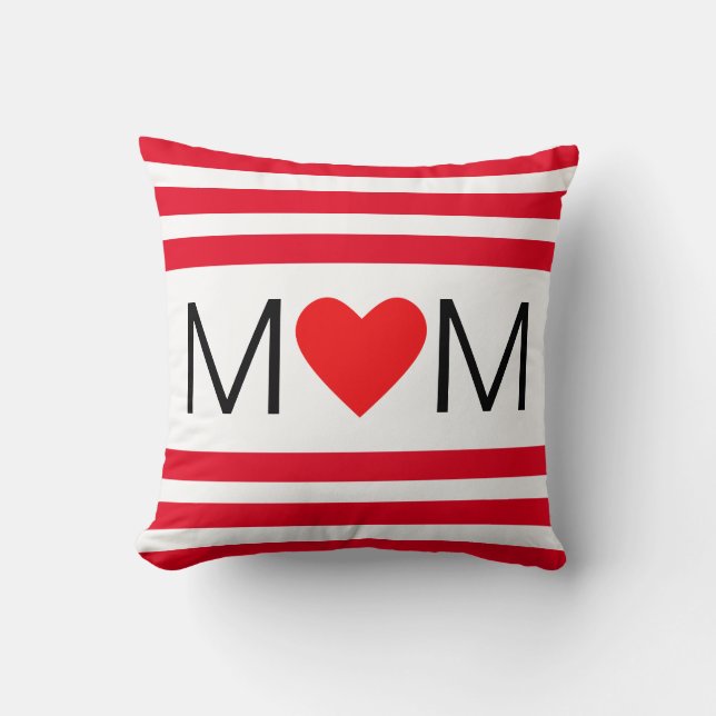Coussin Maman Moderne au Coeur sur Rayures Rouges et Blanc (Recto)