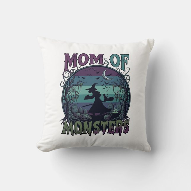 Coussin Maman Monstres Halloween Sorcière Lune Citrouilles (Recto)