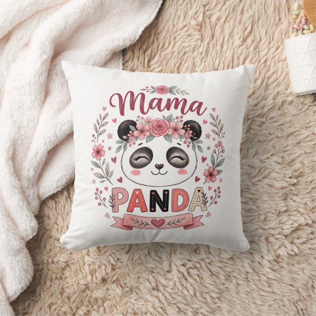 Coussin Maman Panda mignonne avec des fleurs roses et des  (Couverture)