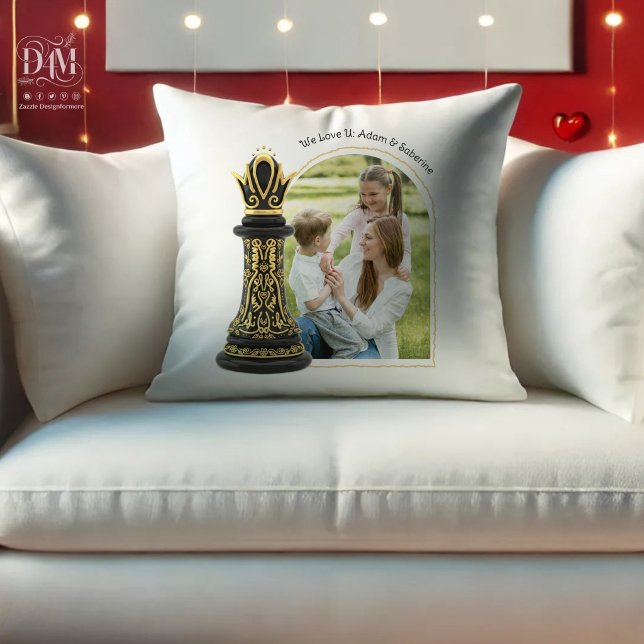 Coussin MAMAN Reine de ma vie, Écriture Dorée Échecs Noirs (Créateur téléchargé)