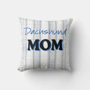 Coussin Maman teckel sur fond carreaux bleu clair