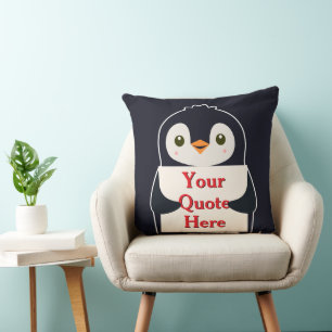 Coussin Manchot heureux tenant un panneau pour personnalis