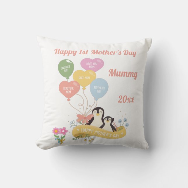Coussin Manchots 1ère Fête des Mères Blanc (Recto)