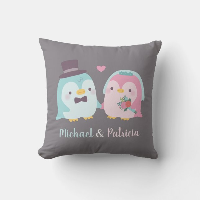 Coussin Manchots Nouvellement Mariés et Oiseaux de l'Amour (Recto)