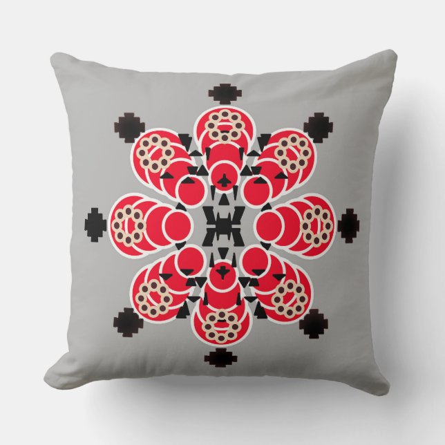 Coussin Mandala à huit points - rouge, gris et noir (Recto)