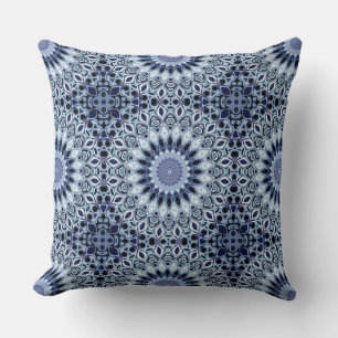 Coussin Mandala à motif kaléidoscope bleu et blanc