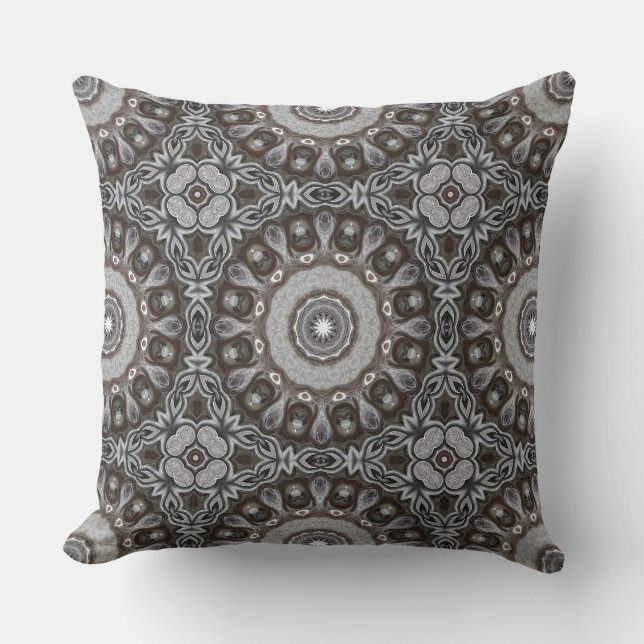 Coussin Mandala à motif kaléidoscope marron et argent (Recto)