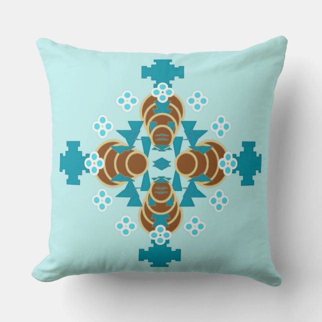 Coussin Mandala à quatre points - aqua, brun et turquoise (Recto)