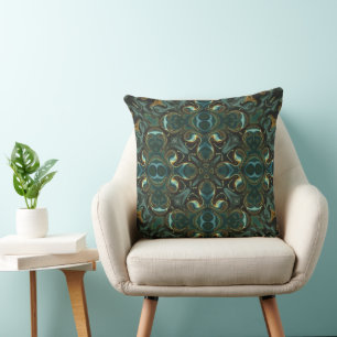 Coussin Mandala abstrait symétrique émeraude et or
