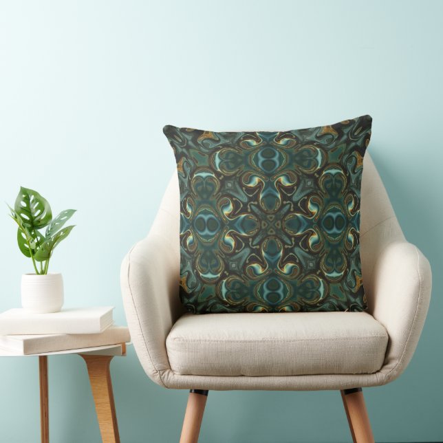 Coussin Mandala abstrait symétrique émeraude et or (Chaise)
