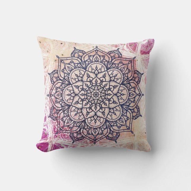 Coussin Mandala aéré joyeux rose violet jaune bleu et or (Recto)