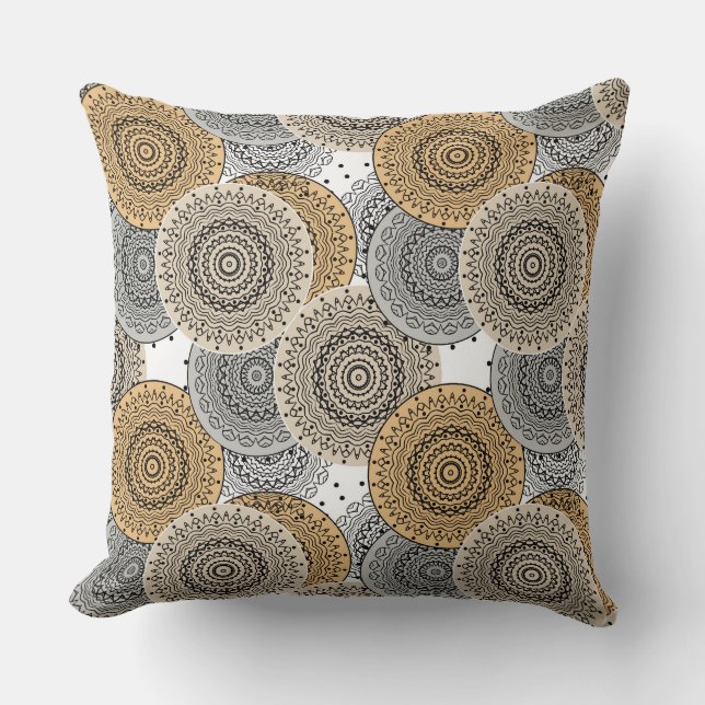 Coussin Mandala arabe motif gris beige à l'orientale (Recto)