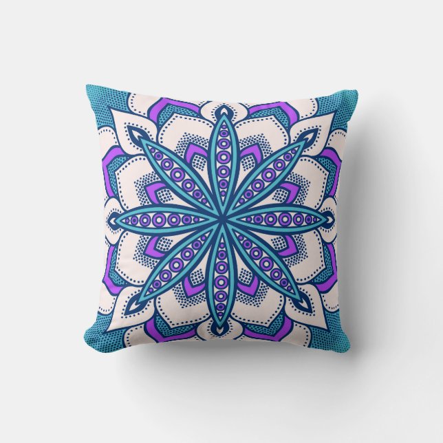 Coussin Mandala aux fleurs violettes turquoise (Recto)