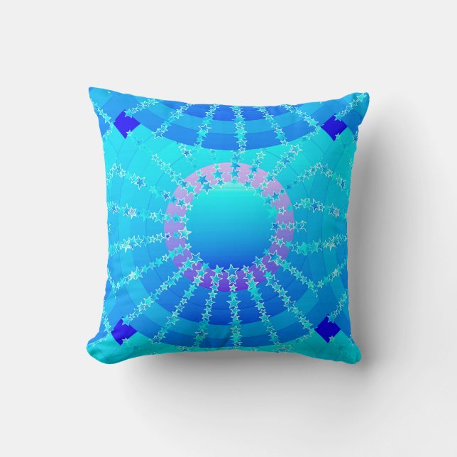 Coussin Mandala avec étoiles - dégradé de satin turquoise (Recto)