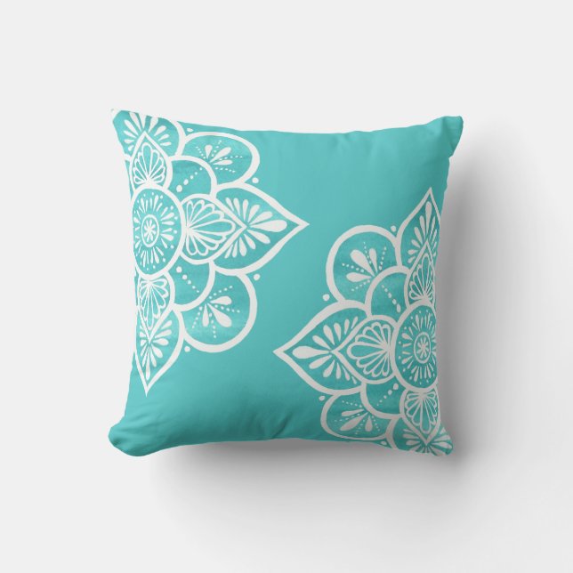 Coussin Mandala blanc turquoise coloré  (Recto)