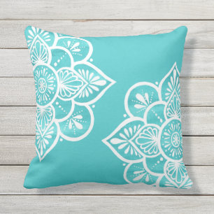 Coussin Mandala blanc turquoise coloré 