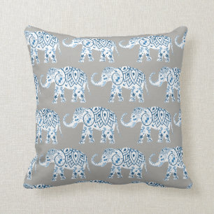 Coussin Mandala bleu Eléphant Tribal sur gris