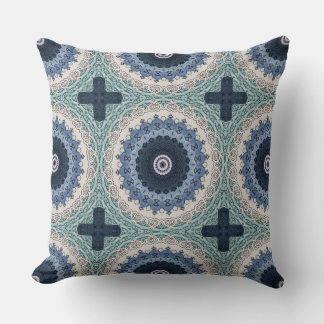 Coussin Mandala bleu et sarcelle à symétrie géométrique