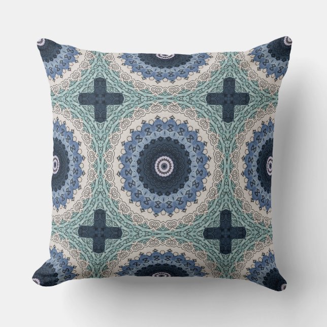 Coussin Mandala bleu et sarcelle à symétrie géométrique (Recto)