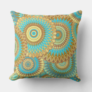 Coussin Mandala bleu marron or recouvrant