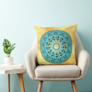 Coussin Mandala bleu or sur fond or doux