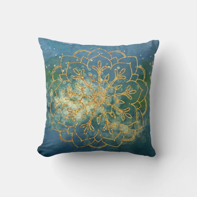 Coussin Mandala Boho Or Glitter Bleu Vert Aquarelle (Recto)