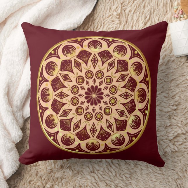 Coussin Mandala bordeauxrouge or sur fond bordeauxrouge (Couverture)